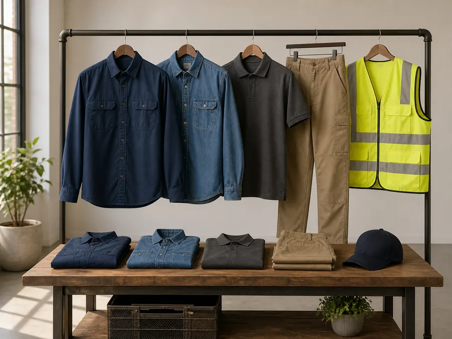 Referencia visual de camisas, polos, pantalones y chaleco organizados en una exhibición