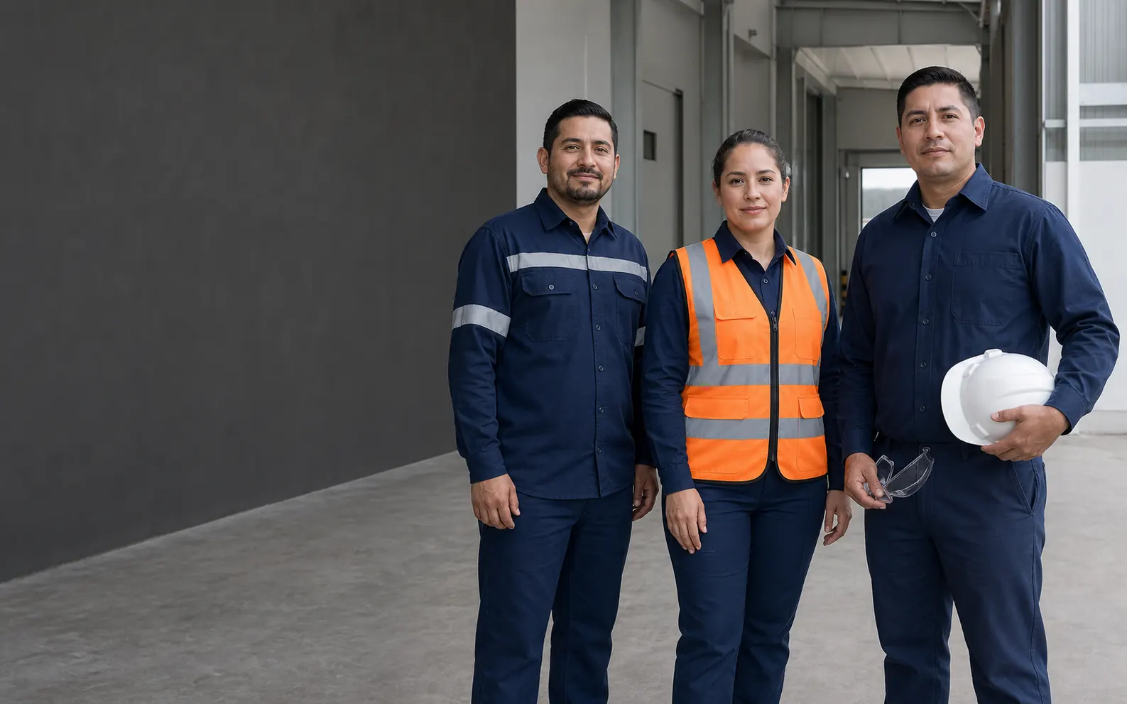 Referencia visual de un equipo de trabajo con uniforme reflejante, chaleco, casco y lentes de seguridad