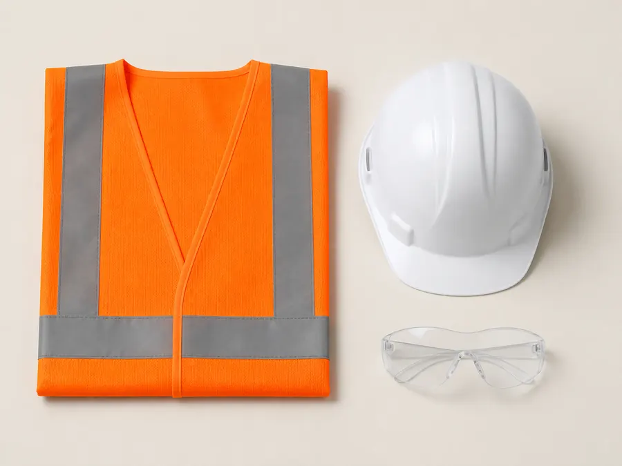 Referencia visual de un kit con chaleco, casco y lentes de seguridad sin marca